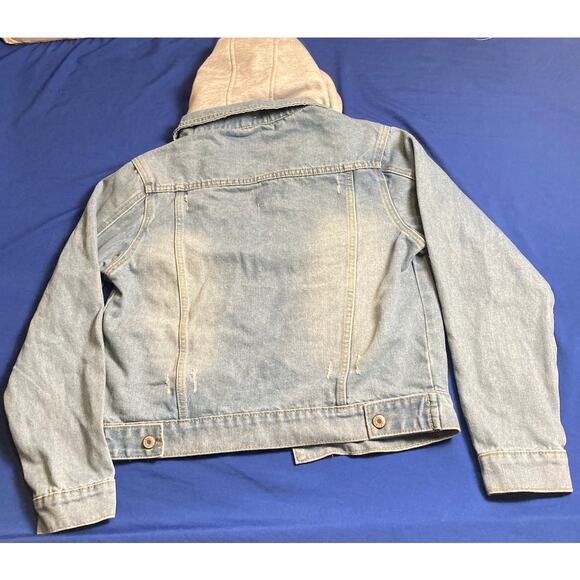 New Womens Distressed Denim Jean Jacket Size Small with Detachable Hood - Picture 12 of 15